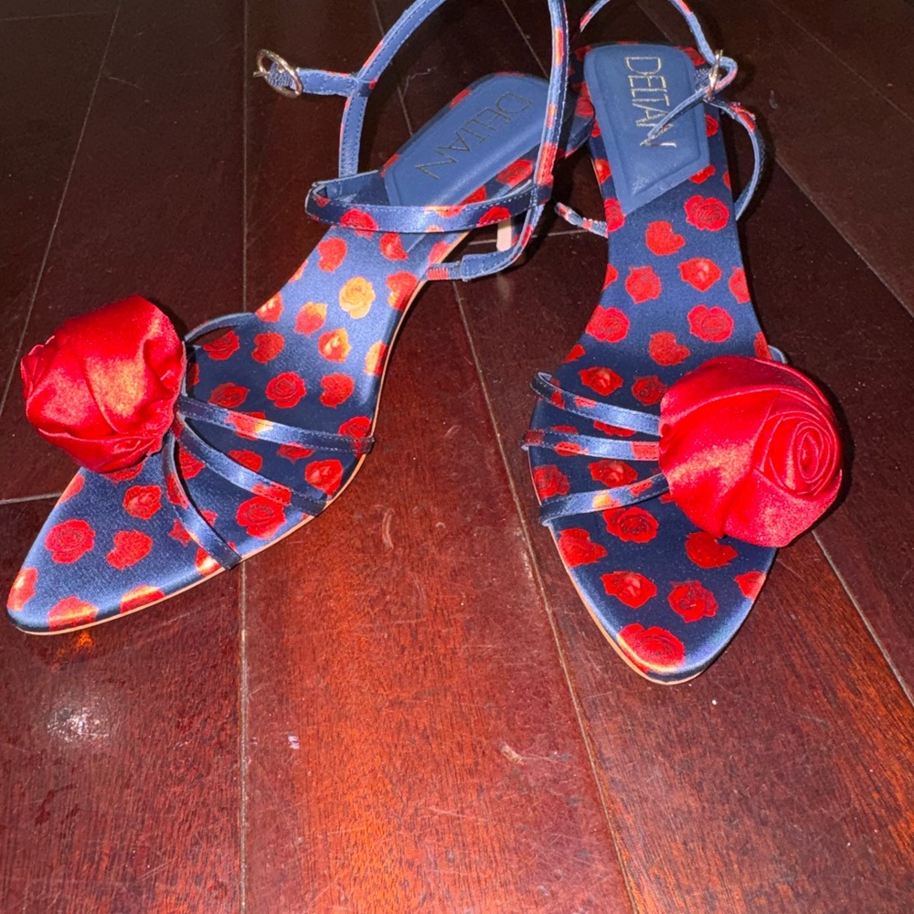 DELTAN Navy Satin Sandals with Red Rose Accent size 9.5